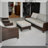 L01.  Restoration Hardware all-weather wicker sofa, chairs and ottoman. Sofa: 31”h x 79”w x 33”d Chairs: 21”h x 30”w x 33”d Ottoman: 15”h x 24”w x 30”d 